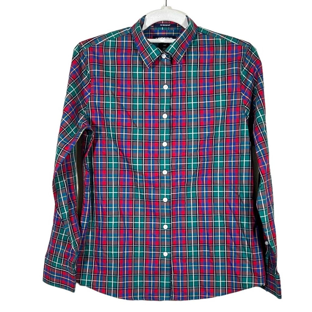 Lands End - Women's Size Petite 4 - Green & Red Plaid Button-up Dress Shirt